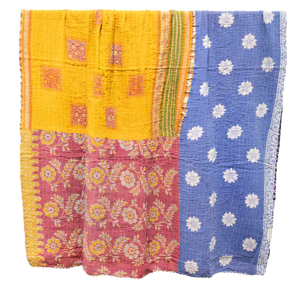 Vintage Cotton Kantha Blanket in Spring Flowers